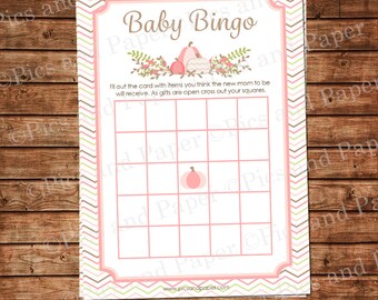 Pink Pumpkin Baby Bingo Game for Baby Shower, Fall or Halloween Theme, Pink Pumpkin, Baby Girl