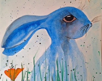Original Watercolor Rabbit with Ears Down and a Butterfly