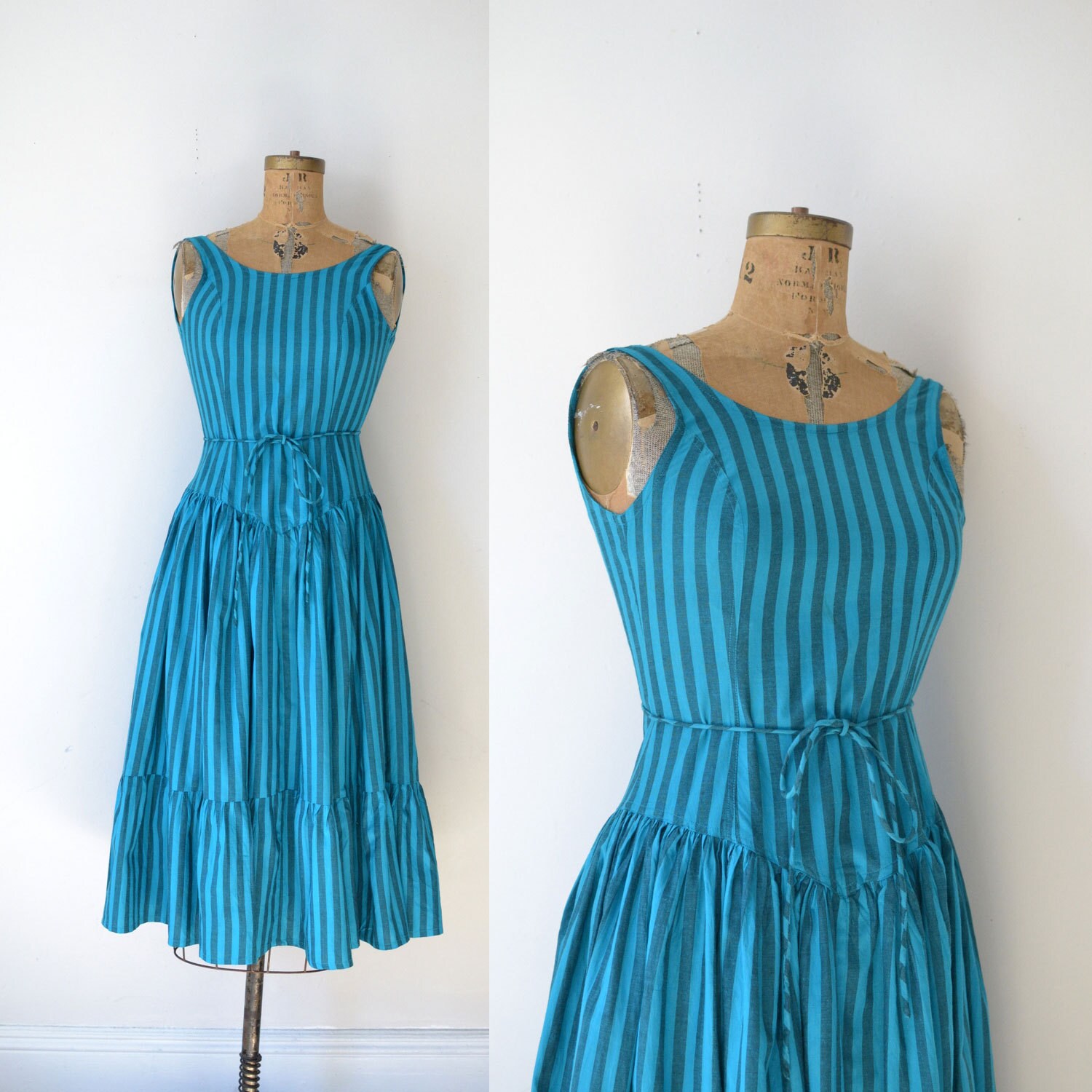 1980s Stiped Cotton Sundress / Corset Backless Dress