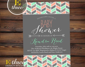 Aztec Girl's Baby Shower Invitation - Tribal Shower Invite - Silver glitter, coral, mint - Arrows #1014