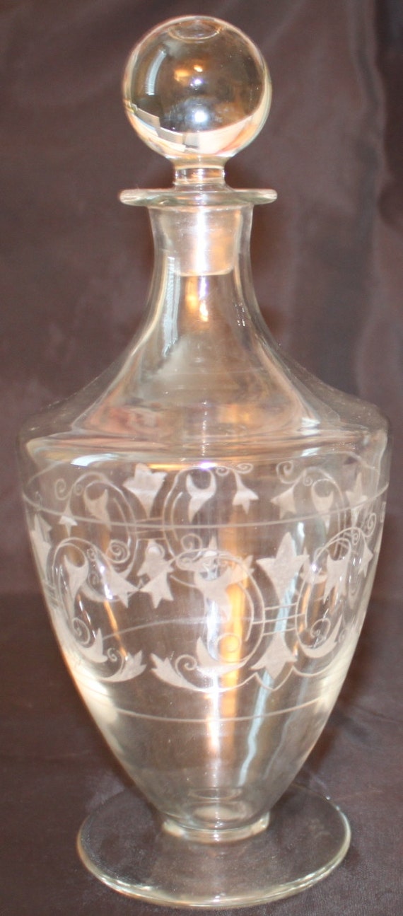 Vintage Hand Blowned Etched Glass Decanter Numbered