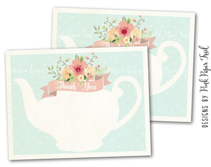 Tea Party Thank You Card in Mint, Instant Download, Print Your Own