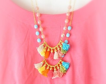 Ethnic Long Necklace - Bib Tribal Necklace - Tassel Boho Necklace - Multi Color Tassels - Fringe Necklace - Free Shipping - Gift Box