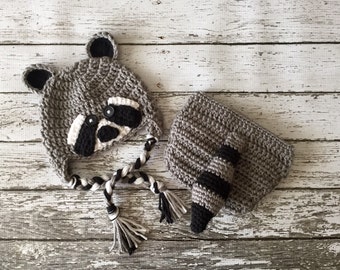 Little Mr. Raccoon Earflap Beanie and Marching Diaper Cover/ Raccoon Costume in Gray, Black and White Available in 5 Sizes- MADE TO ORDER