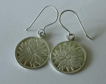 Large Handcrafted Sterling Silver Earrings with Cheerful Etched Daisy Design