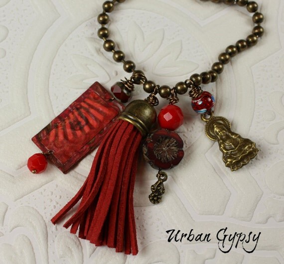 Items similar to Red Buddha Bead Ball Chain Urban Gypsy Charm Bracelet
