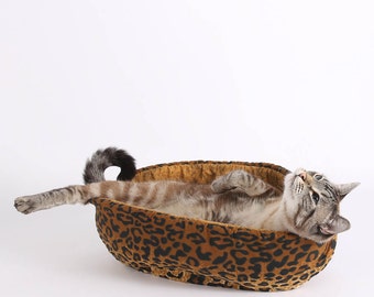 Leopard Fabric Cat Bed for your Modern Cat - the Cat Canoe jungalow pet bed - nest style pet bed - African decor pet bed