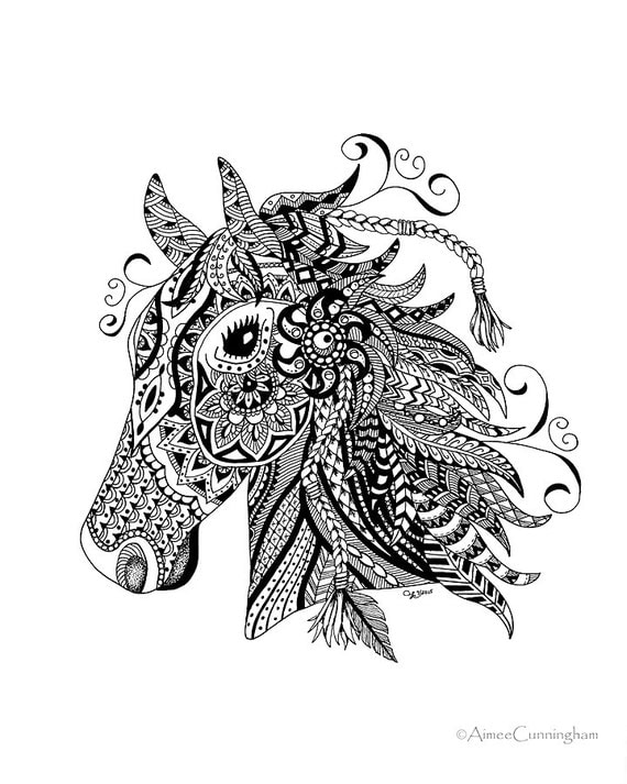Zen Art Horse Print Pen and Ink Drawing Zentangle Art