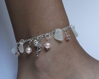 Flamingo anklet. Sea glass anklet - Pink anklet - Beach glass jewelry Sterling anklet.