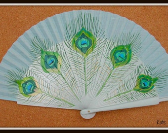Peacock Feather SIZE OPTIONS Folding Handheld Hand Fan Wooden Flamenco Spanish from Spain Hand Painted by Kate Dengra