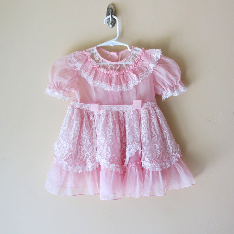 1950 Girls Pink Organdy White Chantilly Lace Party Dress 4 to 5 Size ...
