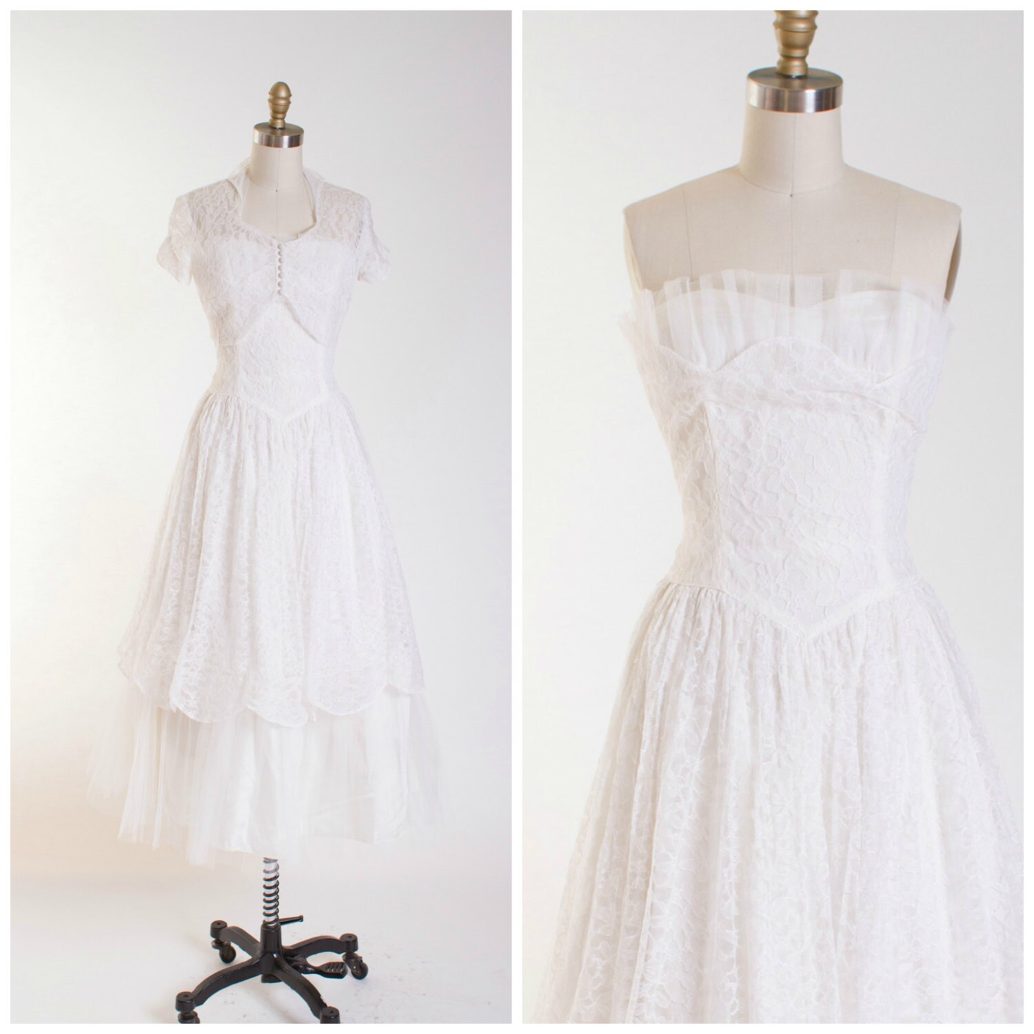 1950s Vintage Dress White Lace Tulle Tea Length Vintage 50s