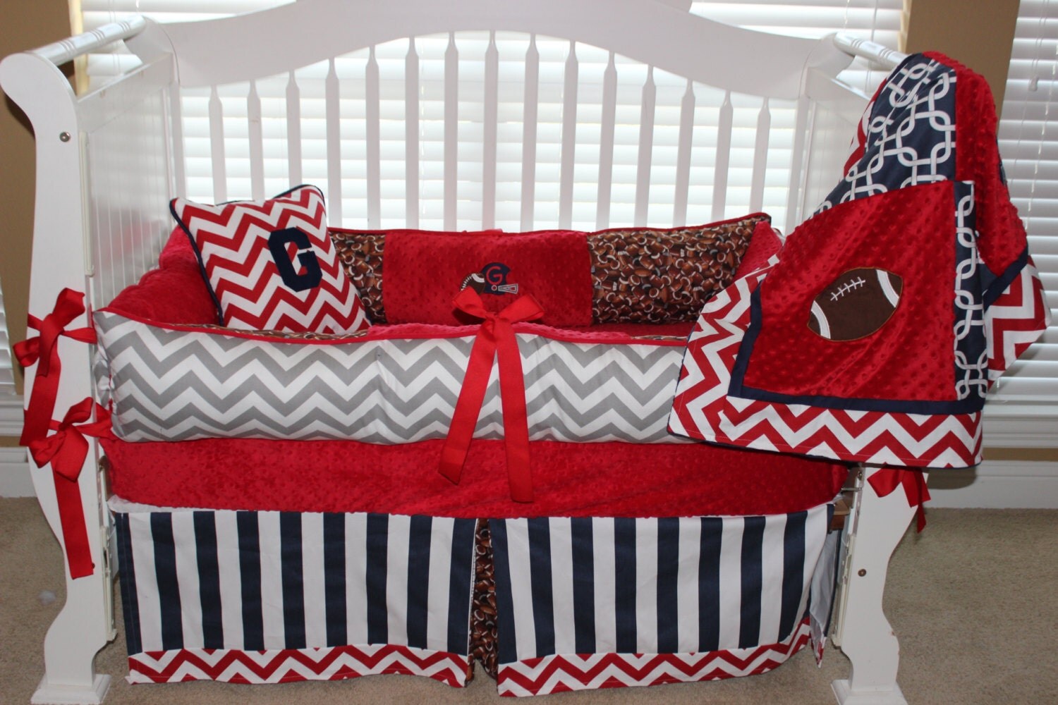 Boys custom baby bedding 6 pc set football set red chevron