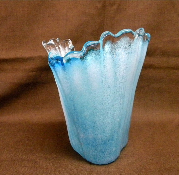 Blue ribbed swung vase with white inclusions by TreasuresFromTexas