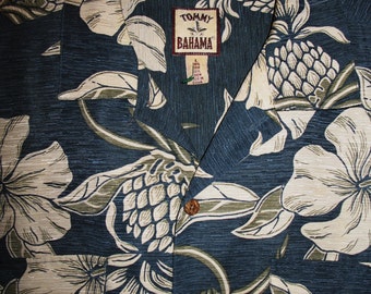 Amazing Vintage Hawaiian Shirt TOMMY BAHAMA Tropical Flowers W PineapplesSilk/Linen Size LVery Collectible