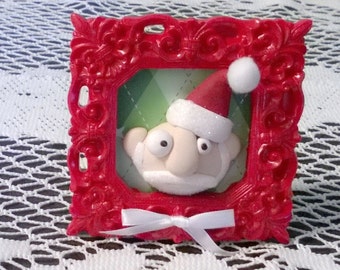 Santa Claus in a Frame Polymer Clay Ooak Figurine Decoration Gift Red Christmas Home Decor