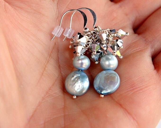 Pearl earring, blue coin pearl and Swarovski crystal Earrings,Wedding Bridesmaids Gift