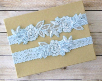 Light Blue Embroidery Flower Lace Wedding Garter Set, Light Blue Garter Set, Toss Garter , Keepsake Garter,Something Blue / GT-34A