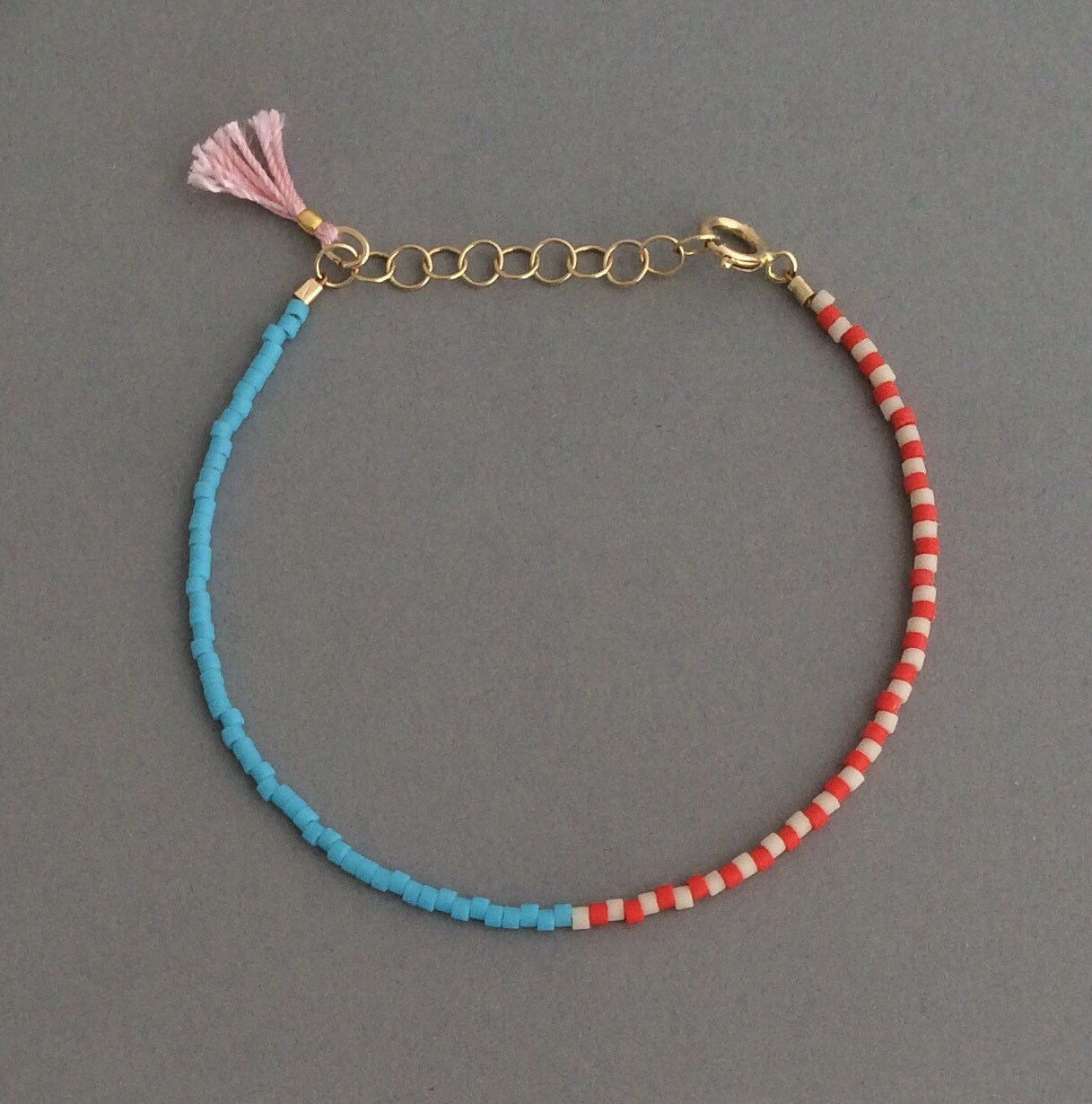 RED WHITE BLUE Seed Bead Gold Bracelet with Tassel also