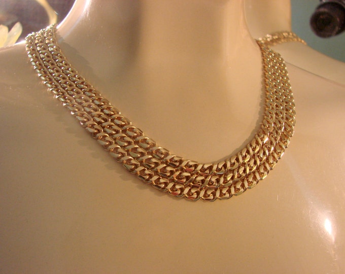 80s Modernist Bib Necklace / Multi Chain / Vintage / Goldtone / Jewelry / Jewellery