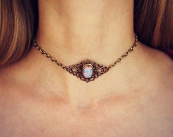 pink opal choker, opal choker, pink opal necklace, 90s choker, hippie necklace, 90s fashion