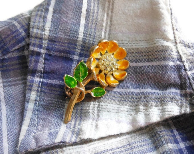 Yellow floral brooch pin, small yellow enamel flower with yellow rhinestone centers, lapel pin, hat enhancer