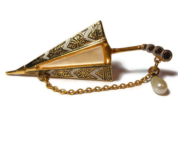 FREE SHIPPING Damascene umbrella brooch, Toledo ware mother of pearl brooch with dangling chain and faux pearl drop, parasol, mid century