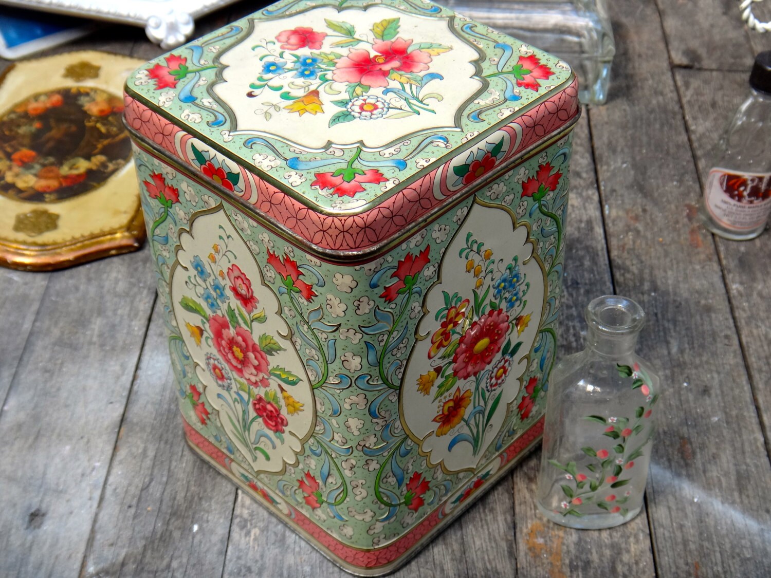 Gold Floral Tin Holland Embossed Tin Boho Chic Tea Tin