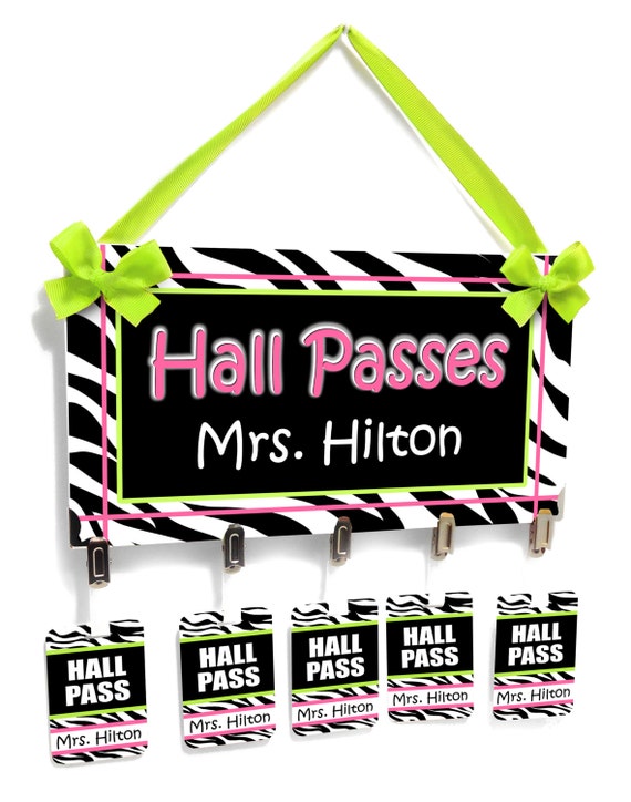 teacher classroom hall passes zebra print in black lime green