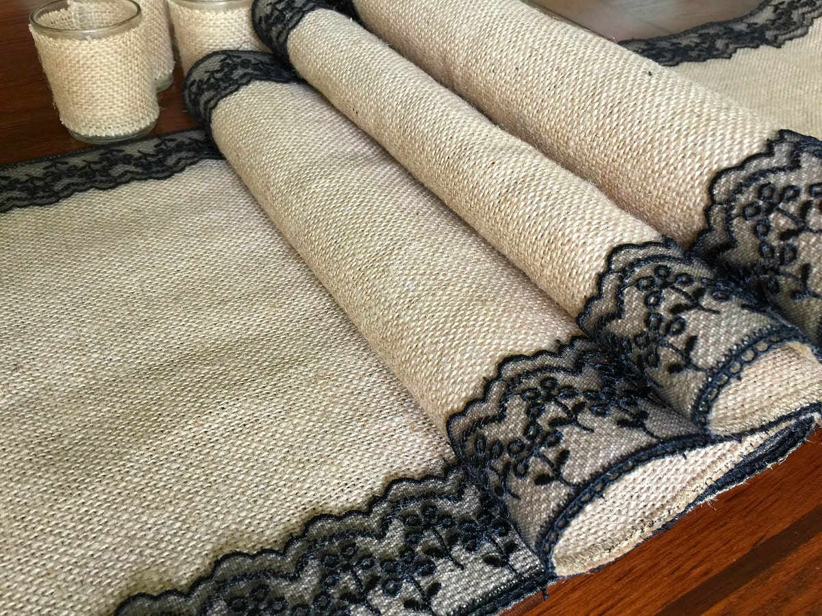 rustic burlap table runner with black color lace trim by PinKyJubb