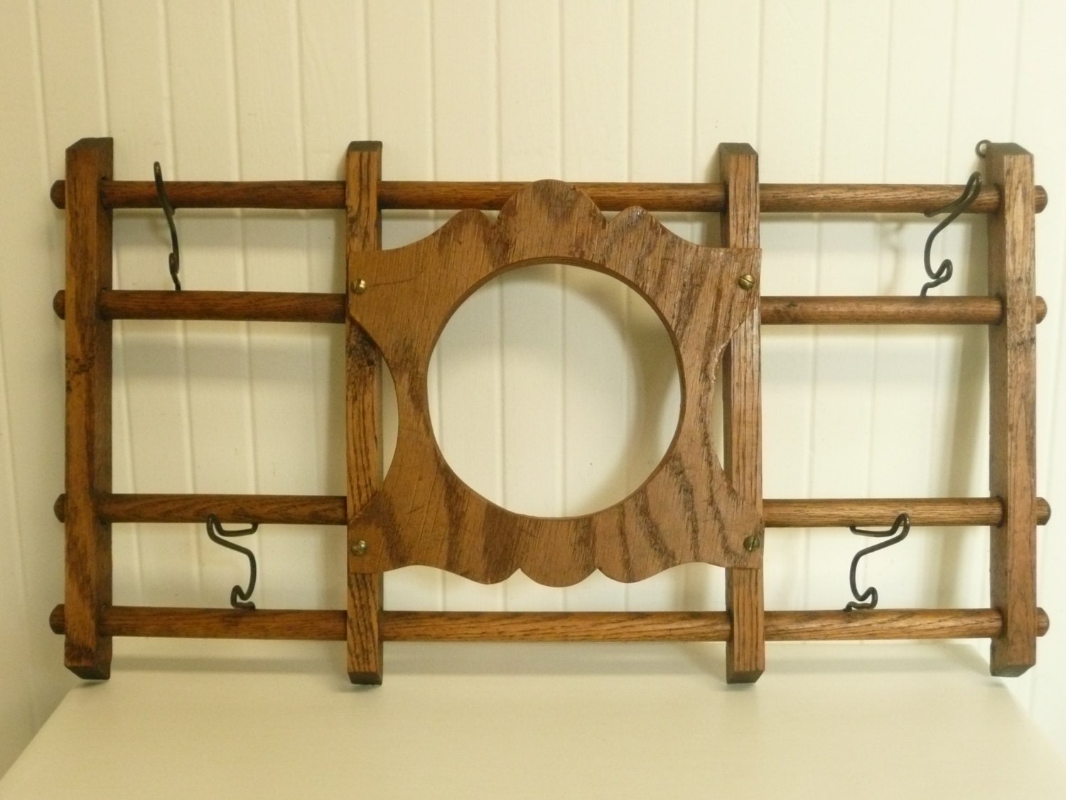 Vintage Oak Hat Rack, Coat Wall Mirror Rack, Four Folding Metal Hooks ...