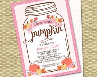 Baby Girl Little Pumpkin Baby Shower Invitation Mason Jar Fall Baby Shower Invite Fall Leaves Pumpkin Pink Flowers