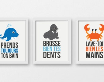 Règles de la salle de bain art, prends ton bain, lave tes mains, brosse tes dents, décor enfants, décor nautique, imprimés muraux nautiques