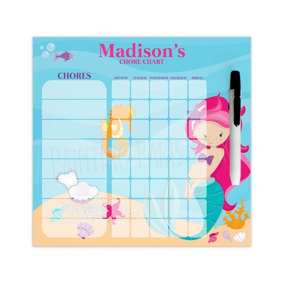 Mermaid Personalized Dry Erase Chore Chart Custom with 57 Days of