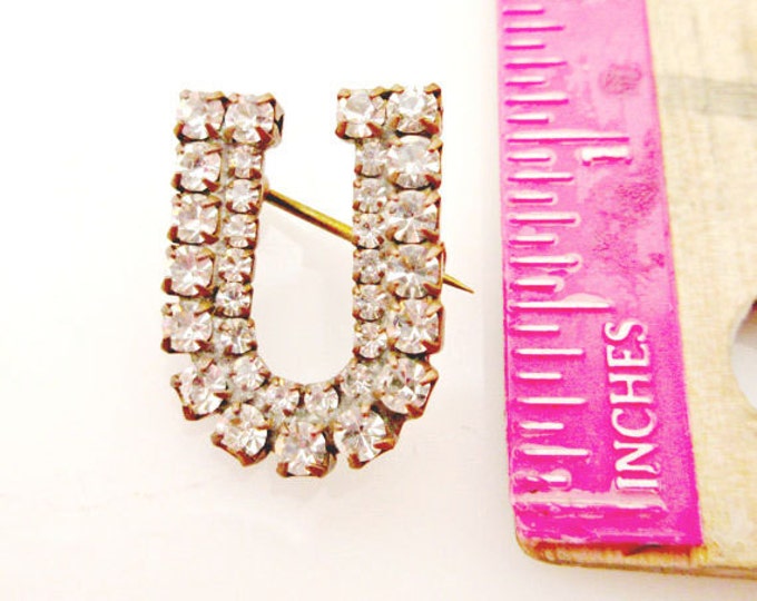 Horse Shoe Brooch - Letter U monogram - Rhinestone pin - silver -