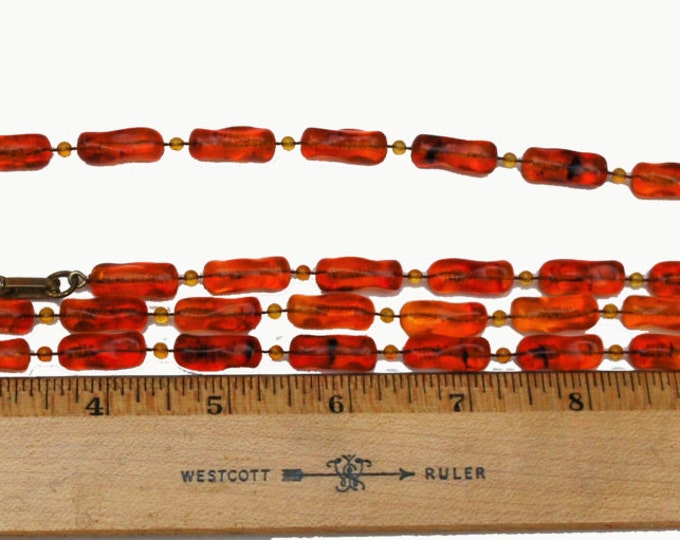 Bead necklace - Amber Orange - Lucite plastic nugget - 48 inches vintage plastic