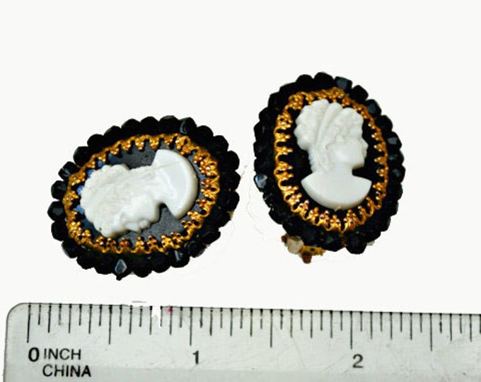 Cameo Earrings - Original by Robert - Black White and Gold - Clip on earring