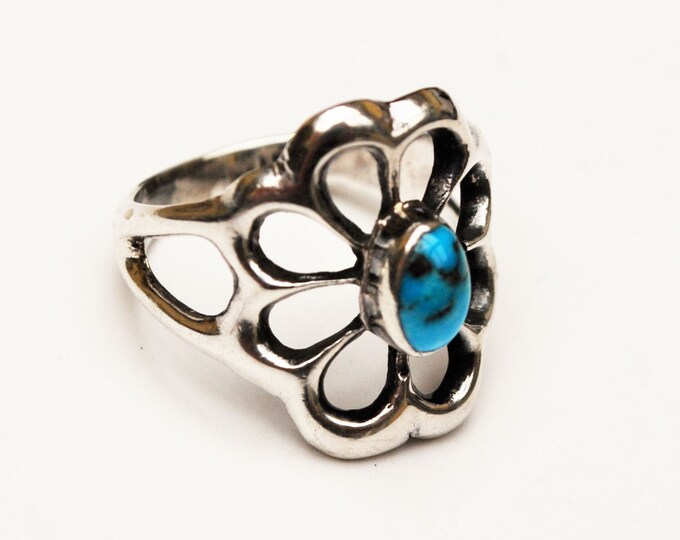 Sterling Turquoise Flower Ring - size 5 - Blue gemstone - old pawn - silver Floral ring