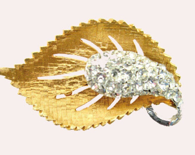Gold Rhinestone Leaf Brooch mid century pin