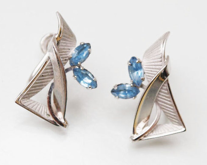 Sterling Earrings - Blue Rhinestone - Silver - screw back earrings