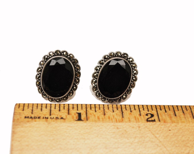 Black Onyx marcasite earrings in scallop sterling silver setting pierced