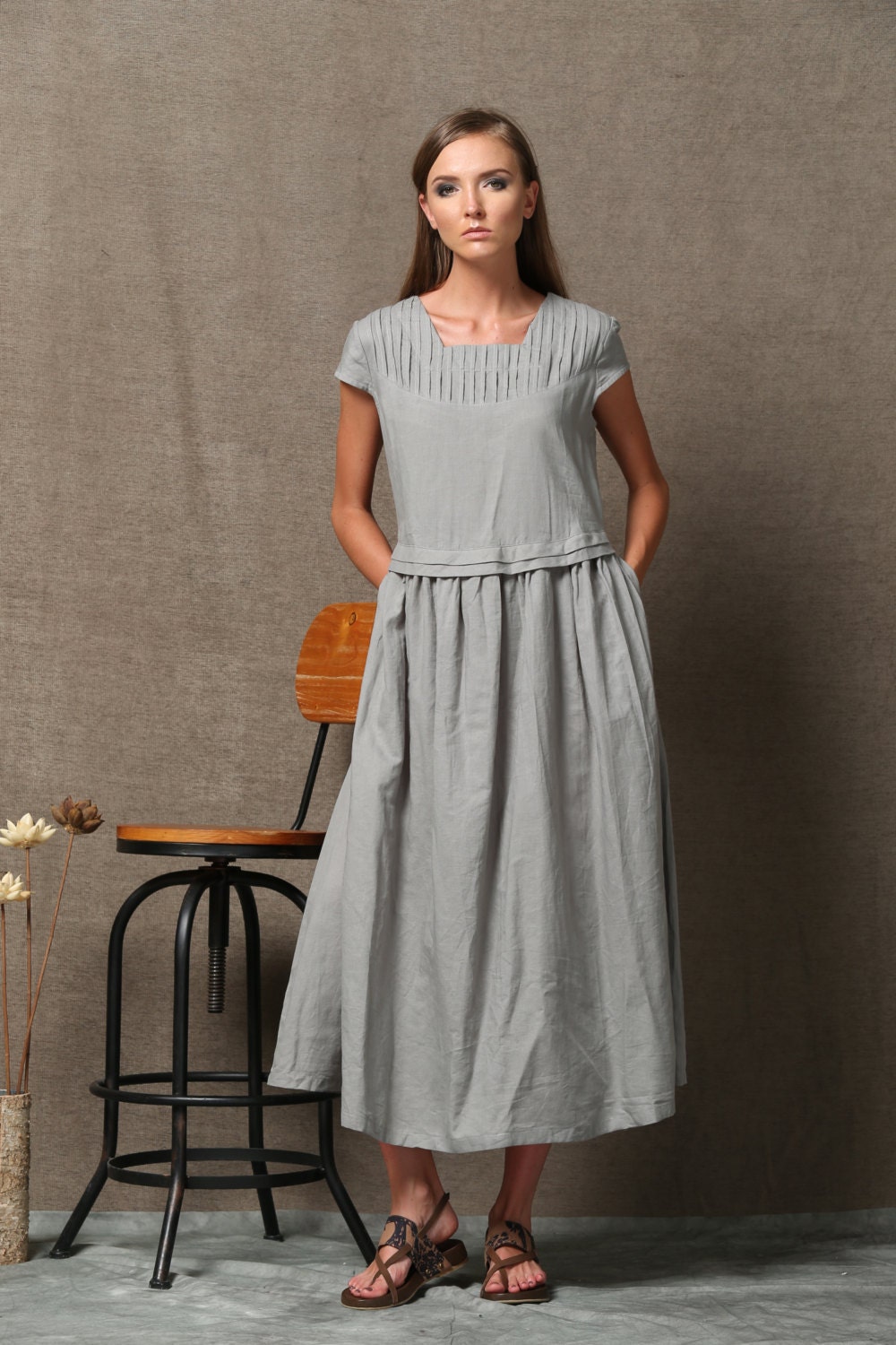 Gray Linen Dress Short Sleeved Loose-Fitting Spring Summer