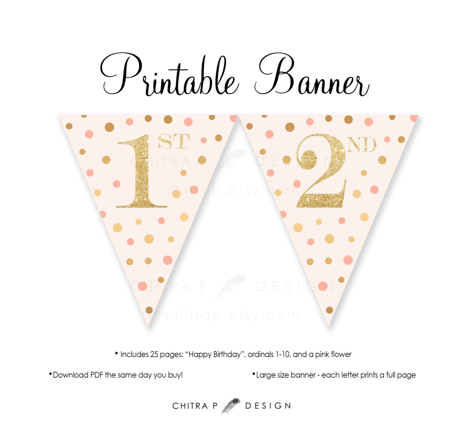 happy birthday banner printable blush pink gold glitter