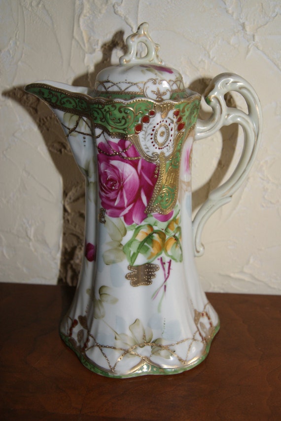 Vintage MORIAGE Hand Painted Made In Japan Chocolate Pot 1920s Floral On White Porcelain Gold Trim