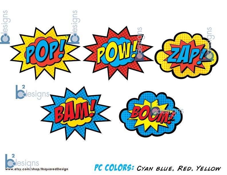 Superhero Signs Boom Pow Zap Bam Pop 8.5 x 11