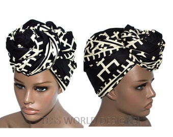 African Print Head wraps/ Head tie fabric from Africa/ Black/ Ivory Dogon Print/ African accessory fabric/ African Fabric/ Head scarf/ HT73B