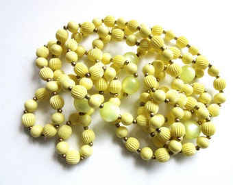 Extra Long Necklace Cat Eye & Resin Beads 57 Inches Single Strand Lemon Yellow Flapper Gatsby