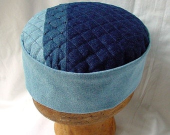 Mens Boho Hat Denim Smoking Cap Victorian Style, Rugged Grunge Clothing, Blue Pillbox Hat Mens Steampunk Oriental Cap Patchwork indigo blue