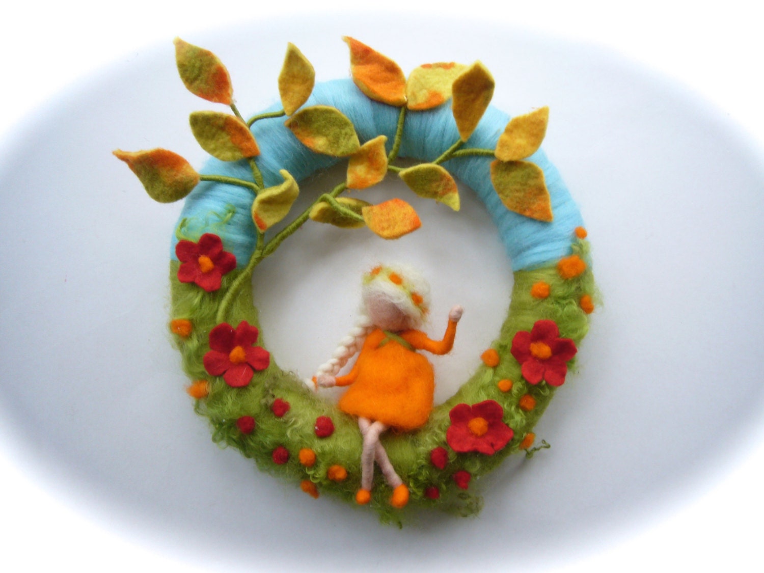 Autumn Fall Wreath.Fairy. Needle Felted. Waldorf.Door wreath.