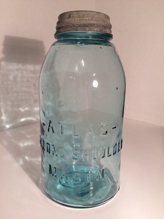 Blue ATLAS Mason Jar 2 Quart Large Genuine Strong Shoulder